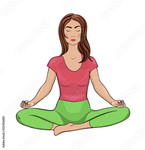 Young lady meditating in lotus posture, Padmasana position, beautiful brunette girl in pink t-shirt and green pants relax