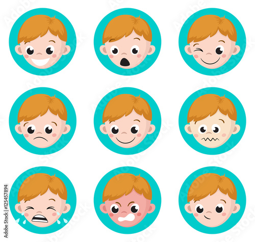 Boy Emotion Faces Cartoon. Isolated set of male avatar expressions. Vector Illustration