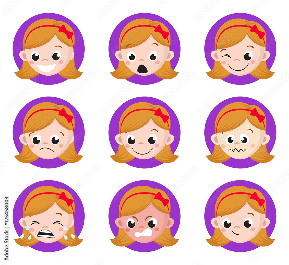 Girl Emotion Faces Cartoon. Isolated set of female avatar expressions. Vector Illustration Girl Emotion Faces Cartoon. Isolated set of female avatar expressions. Vector Illustration