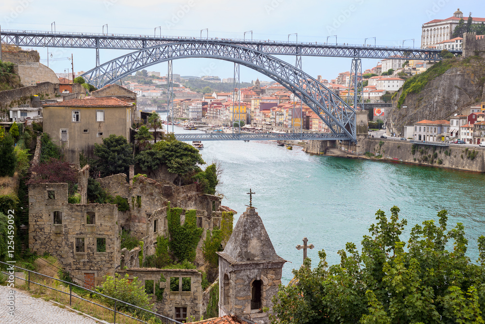 Porto Oporto Dom Luis Bridge Douro river view old romantic ruins church architecture historic downtown 