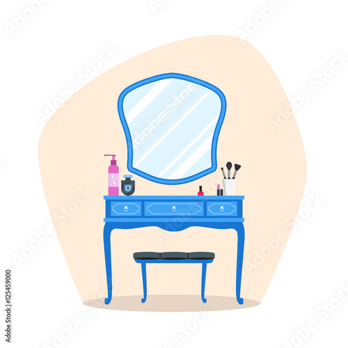 Cute colorful flat dressing tables with girl's things, mirror, perfume, lipstick, cosmetic. Isolated interior objects for dressing woman room. Furniture for feminine boudoir vector illustration
