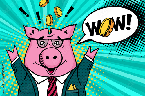 Wow face.Happy piggy bank in a suit and glasses smiles with hands raised, gold coins flying around and wow speech bubble. Vector illustration in pop art retro comic style. 