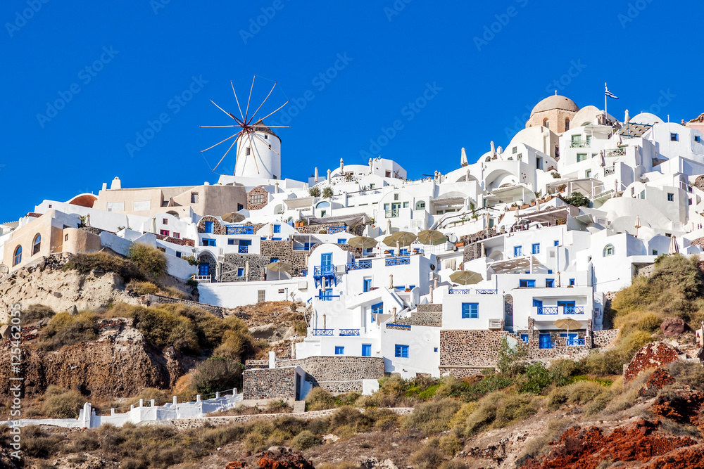 Traditional white architecture of Oia village, Santorini island, Greece