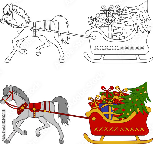 gray pony driven sleigh with a Christmas tree and presents. Coloring and color image