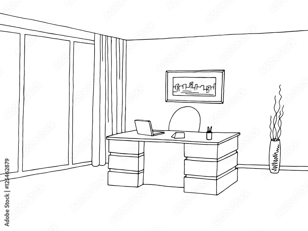 Office room interior graphic black white sketch illustration vector Stock Vector Adobe Stock