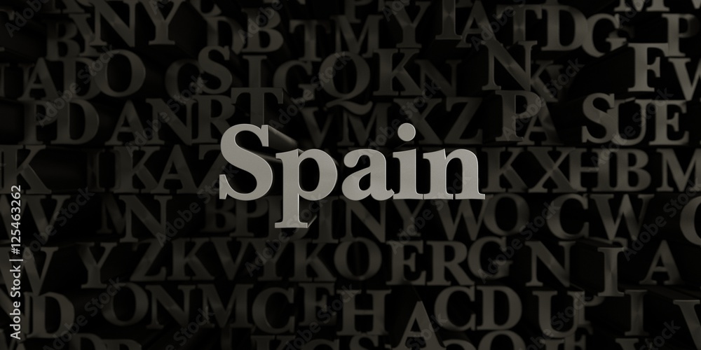Spain - Stock image of 3D rendered metallic typeset headline illustration.  Can be used for an online banner ad or a print postcard.