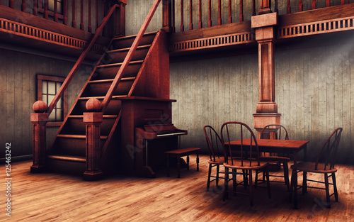 Drewniane schody, pianino i stół w barze na Dzikim Zachodzie