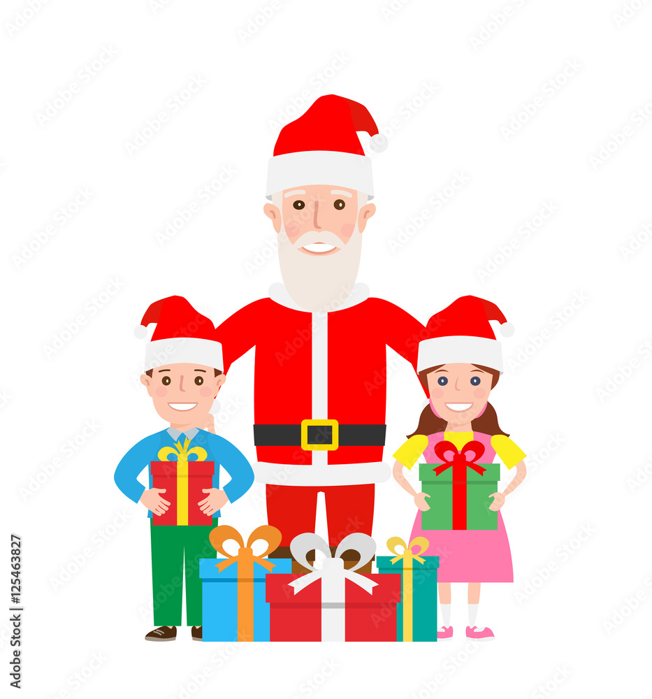 merry christmas and happy new year.santa claus children with gift boxes merry christmas and happy new year.santa claus children with gift boxes