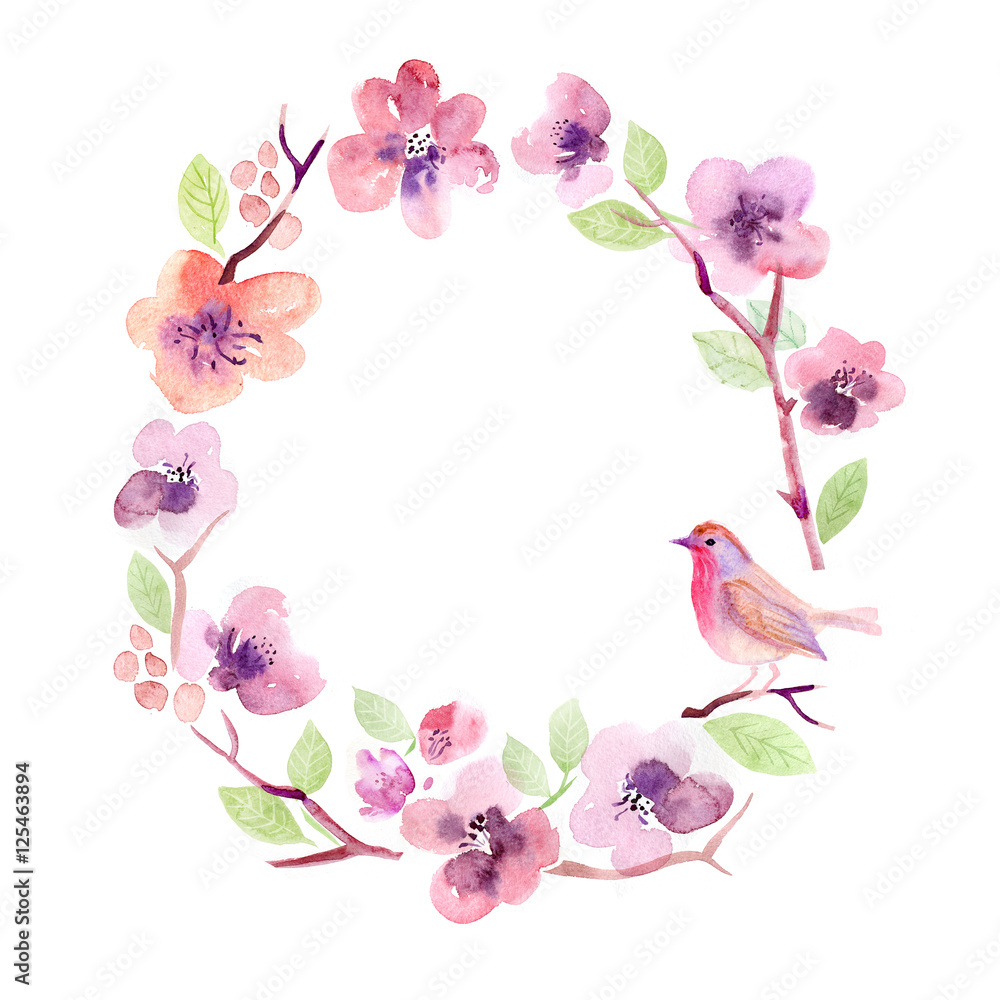 Watercolor floral greeting card. Flowers sakura. Handmade. Vintage background