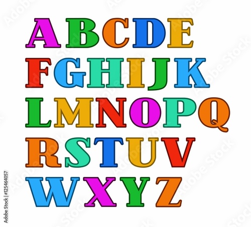 English alphabet  capital letters  colored with a thin outline. Vector colored serif font and a subtle contour on white background. 