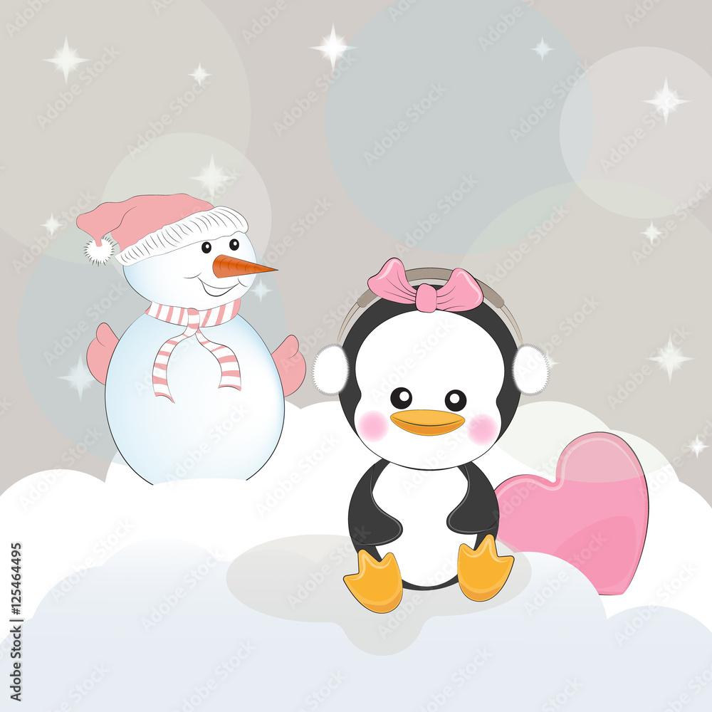 Greeting card cute cartoon snowman and penguin with heart on a gray background