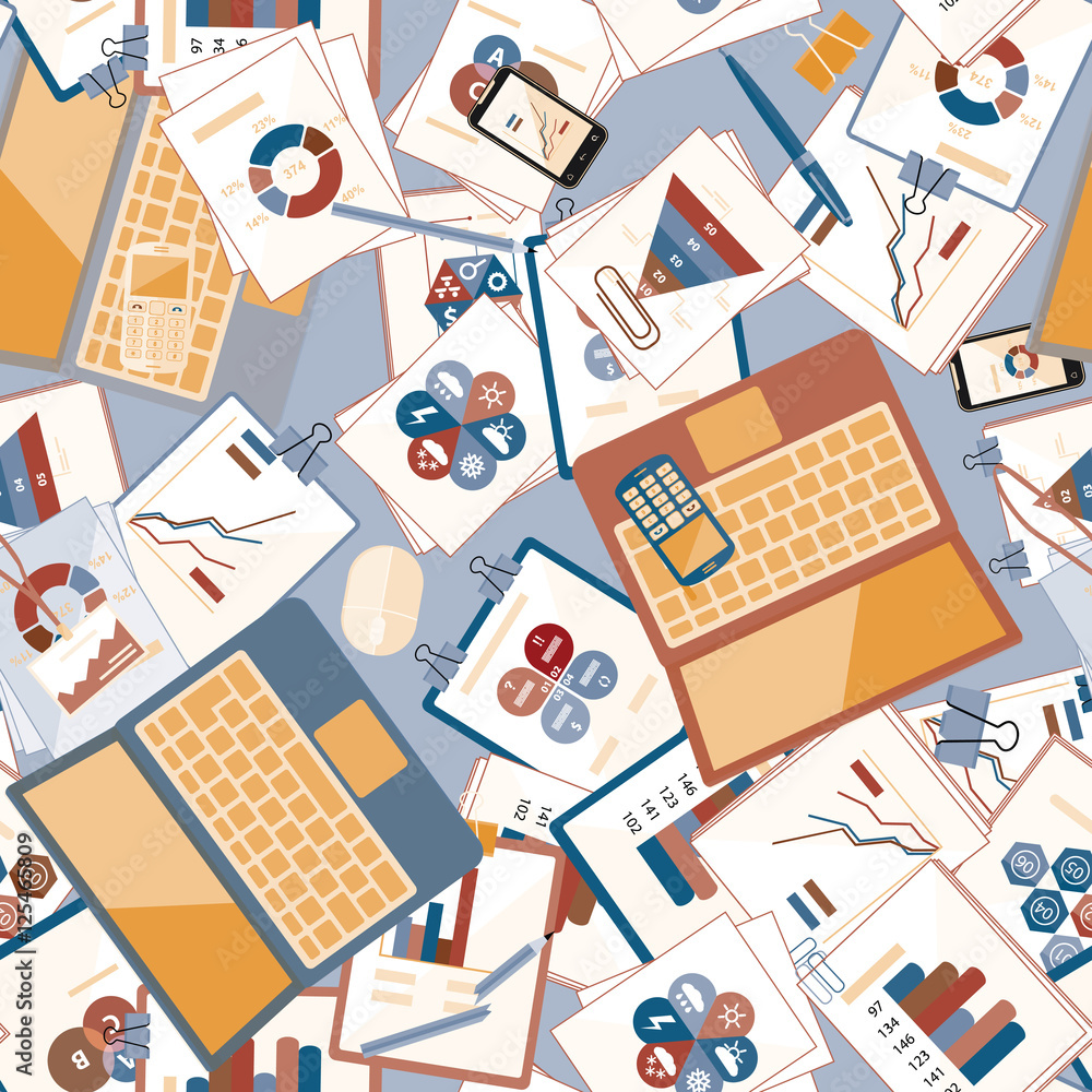 Seamless flat business vector pattern with stationery. Seamless flat business vector pattern with stationery.