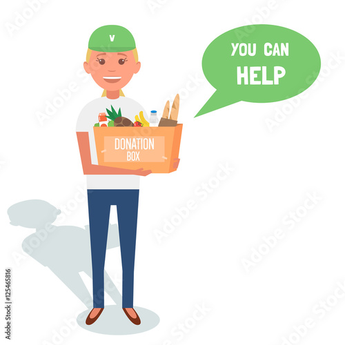 Woman Volunteers with donation boxes isolated on white. Vector Illustration.