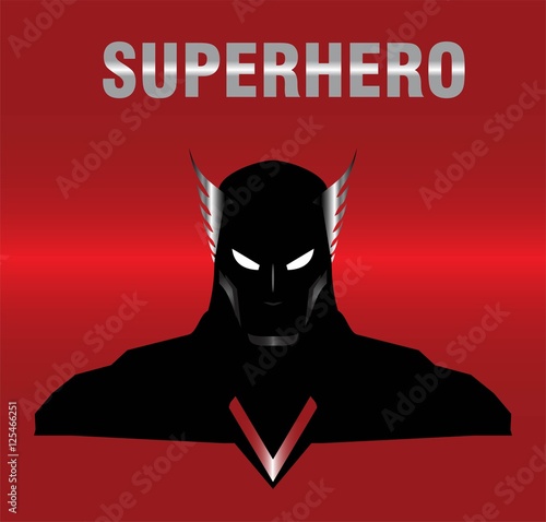 superhero. metallic winged head superhero with the black costume, isolated on the red metallic background. elegant superhero silhouette compose with text. half body of superhero combine with text