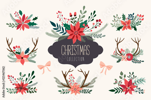 Christmas hand drawn decorative collection of floral arrangements with antlers and poinsettia, vector design