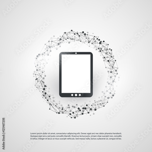 Abstract Cloud Computing and Global Network Connections Concept Design with Digital Tablet, Wireless Mobile Device, Transparent Geometric Mesh - Illustration in Editable Vector Format