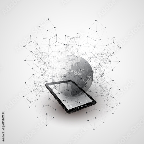 Abstract Cloud Computing and Global Network Connections Concept Design with Earth Globe, Digital Tablet, Wireless Mobile Device, Transparent Geometric Mesh - Illustration in Editable Vector Format