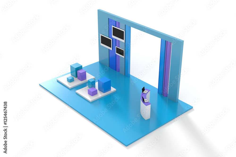Exhibition stand on white, with copy space on the displays and panels Exhibition stand on white, with copy space on the displays and panels
