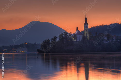 Church on island in Lake Bled on sunrise, Slovenia