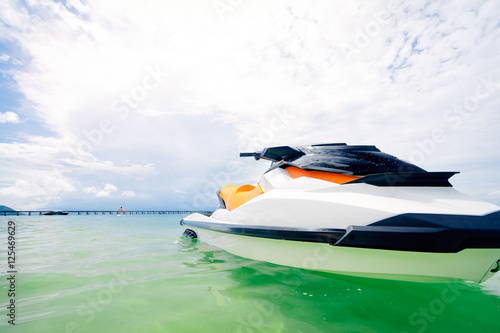 Vacation on the shore. Two water scooter on beach with beautiful sea view.