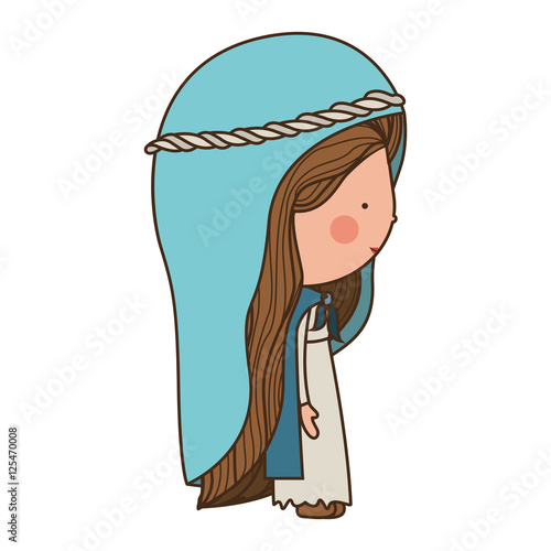 cartoon virgin mary woman smiling and wearing blue mantle over white background. vector illustration