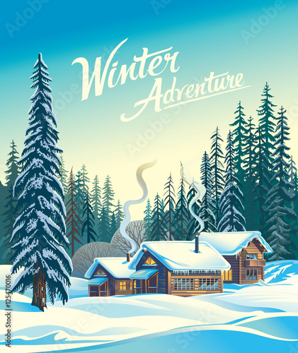 Winter forest landscape and the houses, shelter for tourists.