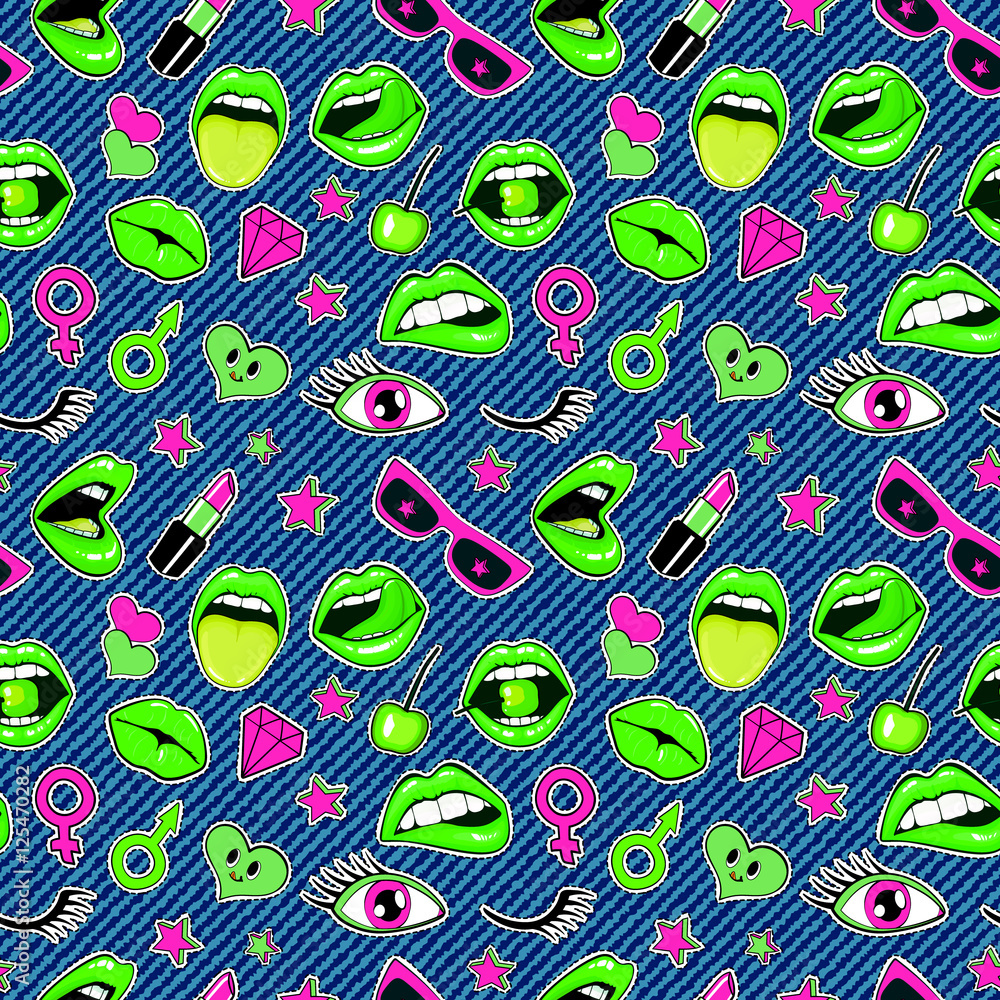 Naklejka premium Fashion patch badges seamless pattern. Lips, kissing, open mouth, hearts, tongue, stars. Vector illustration isolated over denim background. Stickers, pins, patches set in cartoon 80s-90s comic style.