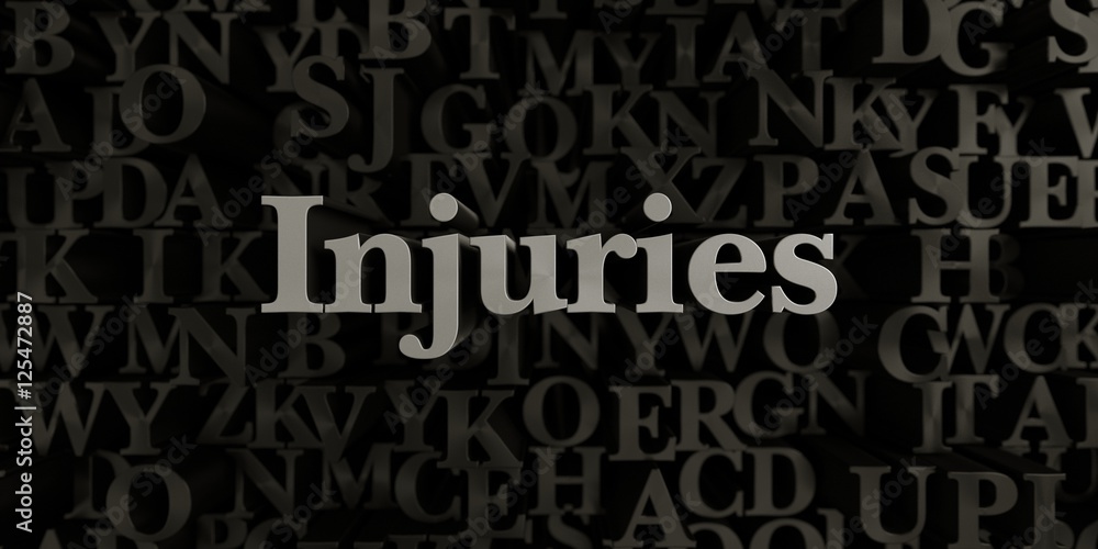 Injuries - Stock image of 3D rendered metallic typeset headline illustration.  Can be used for an online banner ad or a print postcard.