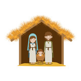 traditional religious manger scene. virgin mary with saint joseph and newborn baby jesus icon over white background. vector illustration