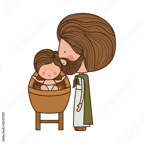 cartoon baby jesus smiling in a crib with saint joseph over white background. vector illustration