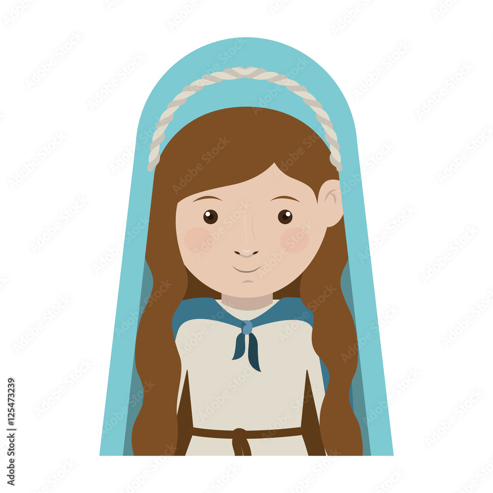 cartoon virgin mary woman smiling and wearing blue mantle over white background. vector illustration cartoon virgin mary woman smiling and wearing blue mantle over white background. vector illustration