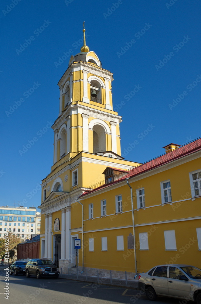 Neoclassical belltower. Rozhdestvensky Convent, or Convent of Nativity of Theotokos is one of oldest nunneries in Moscow, Russia