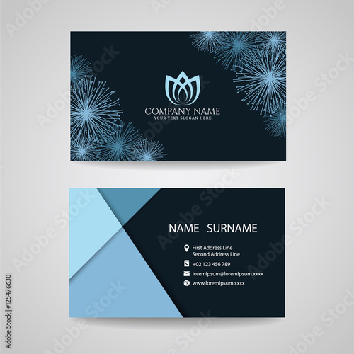 Business card - blue dandelion floral frame and logo on dark blue background