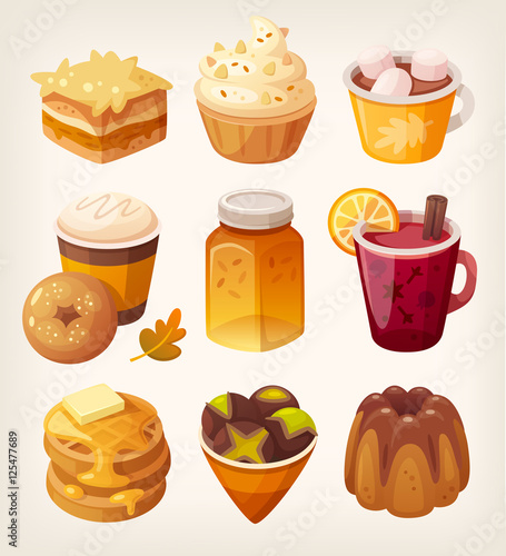 Collection of delicious autumn sweets and desserts. Sweet october food with apples pumpkins and honey flavours. Sweet coffee shop desserts