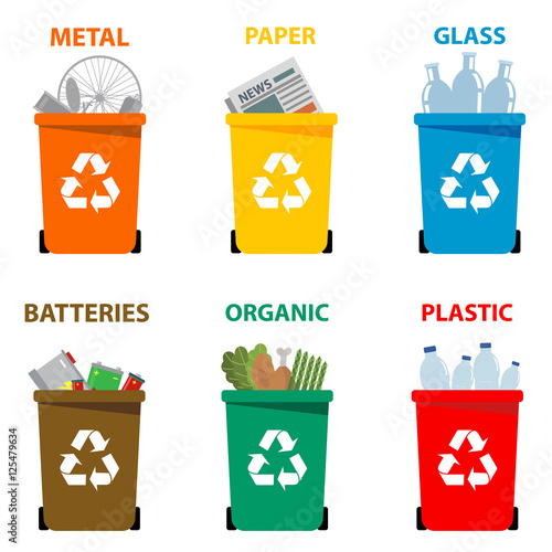 Different colored recycle waste bins vector illustration, Waste types segregation recycling vector illustration. Organic, batteries, metal plastic, paper, glass waste. Vector illustration