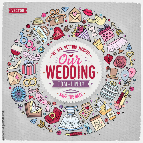 Set of Wedding cartoon doodle objects round frame