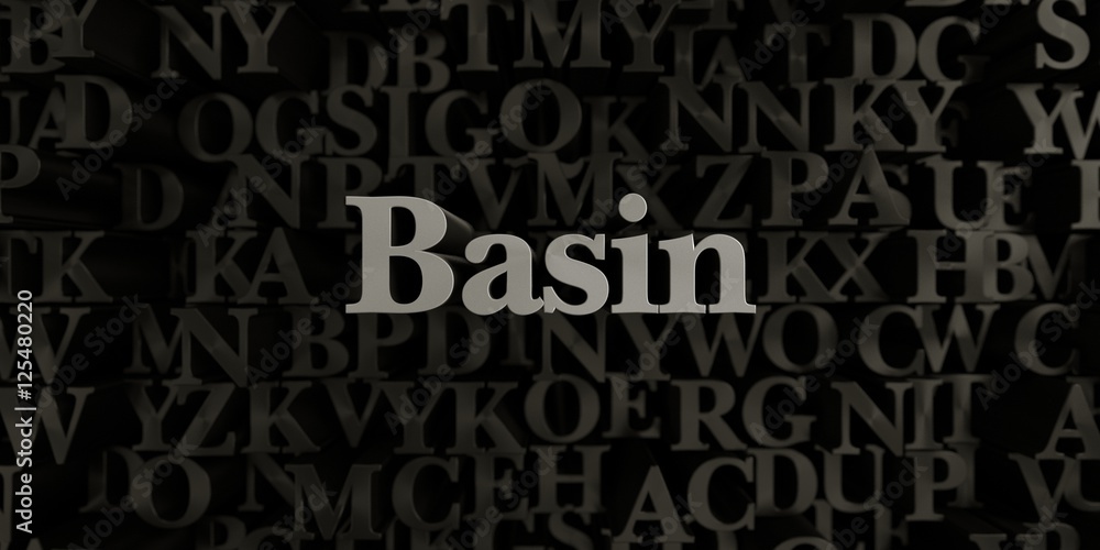 Basin - Stock image of 3D rendered metallic typeset headline illustration.  Can be used for an online banner ad or a print postcard.