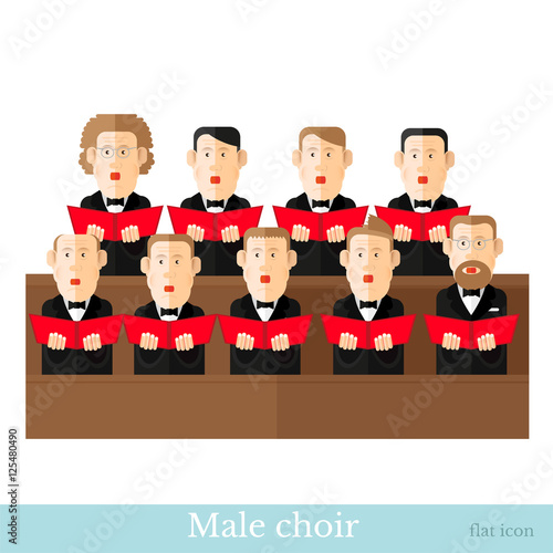 Flat style male choir in two raws with black suits and red cover notes isolated on white