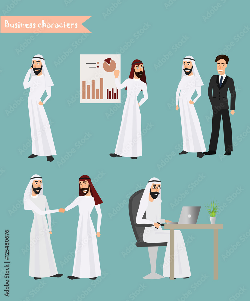 set of arab man business character at office work. set of arab man business character at office work.