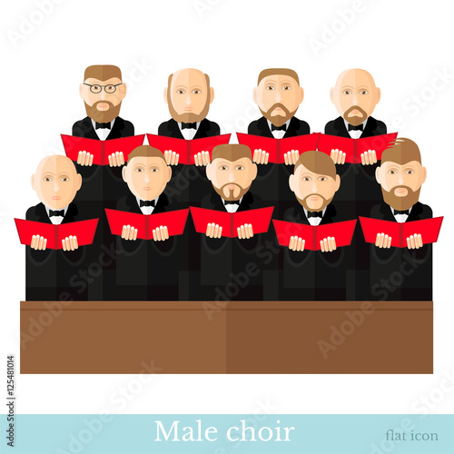 Flat style male choir in two raws with black suits and red cover notes isolated on white background