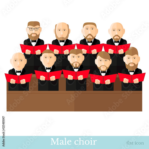 Flat style male choir in two raws with black suits and red cover notes on white background
