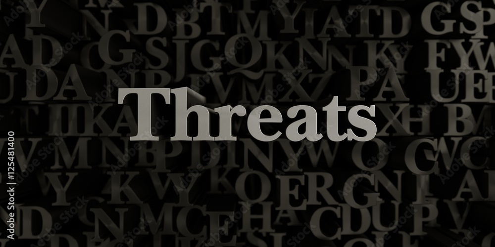 Threats - Stock image of 3D rendered metallic typeset headline illustration.  Can be used for an online banner ad or a print postcard.