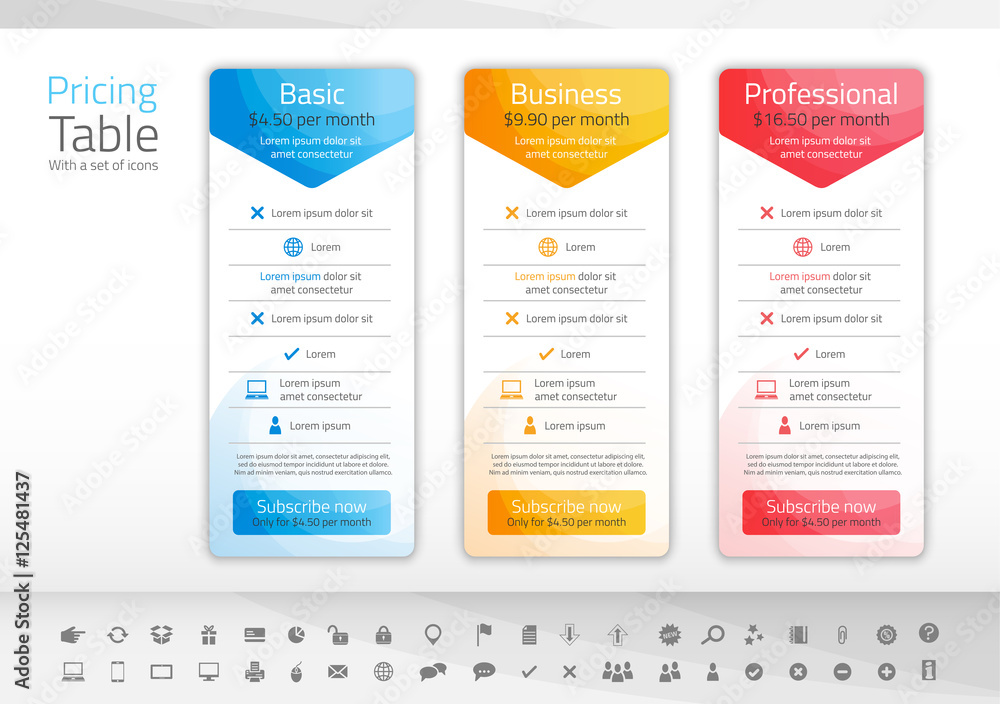 Obraz premium Light pricing table with 3 options in blue, yellow and red color scheme. Icon set included