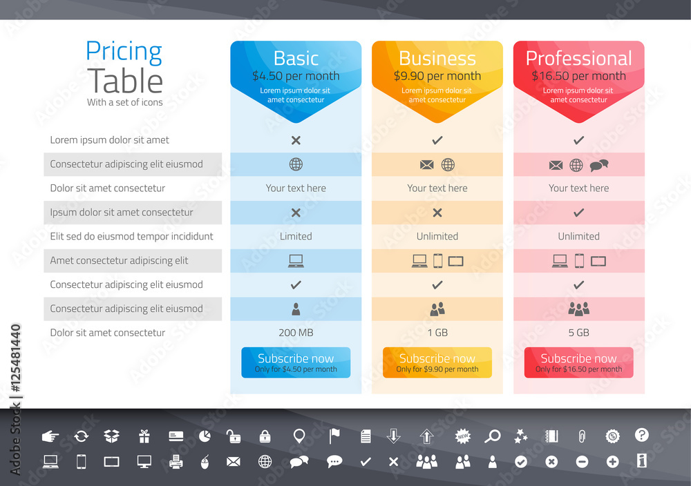 Light pricing table with 3 options. Icon set included - obrazy, fototapety, plakaty 