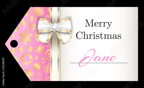 Luxury pink Christmas name tag with golden snowflakes and white ribbon