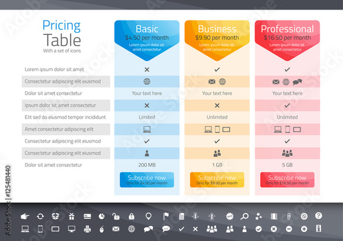 Light pricing table with 3 options. Icon set included