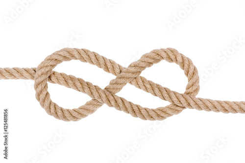 Nautical rope knot. Figure eight knot isolated on white background. 