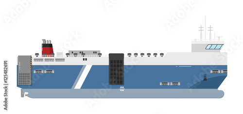 Ferryboat isolated on white background vector illustration. Freight ship side view. Commercial vessel for carrying passengers and cars in flat design. Logistics and transportation design element