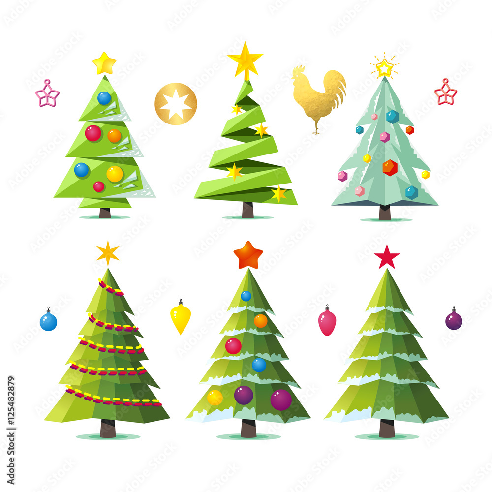 Design elements of stylized fir trees in several variants isolat