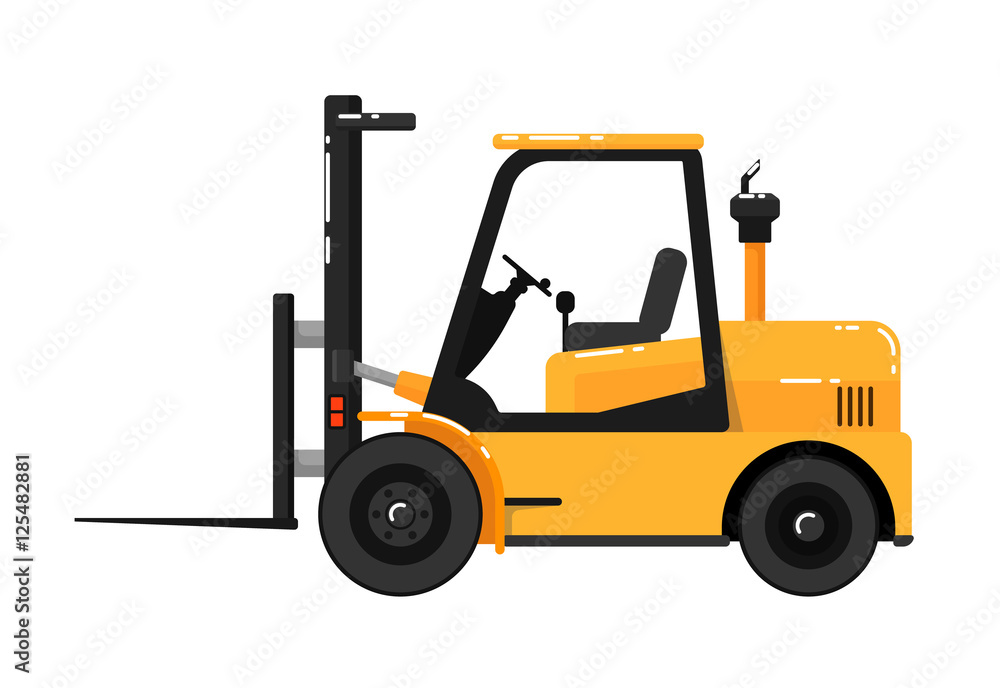 Yellow forklift truck isolated on white background vector illustration. Construction machine in flat design. Auto loader. Building equipment. Commercial vehicle.